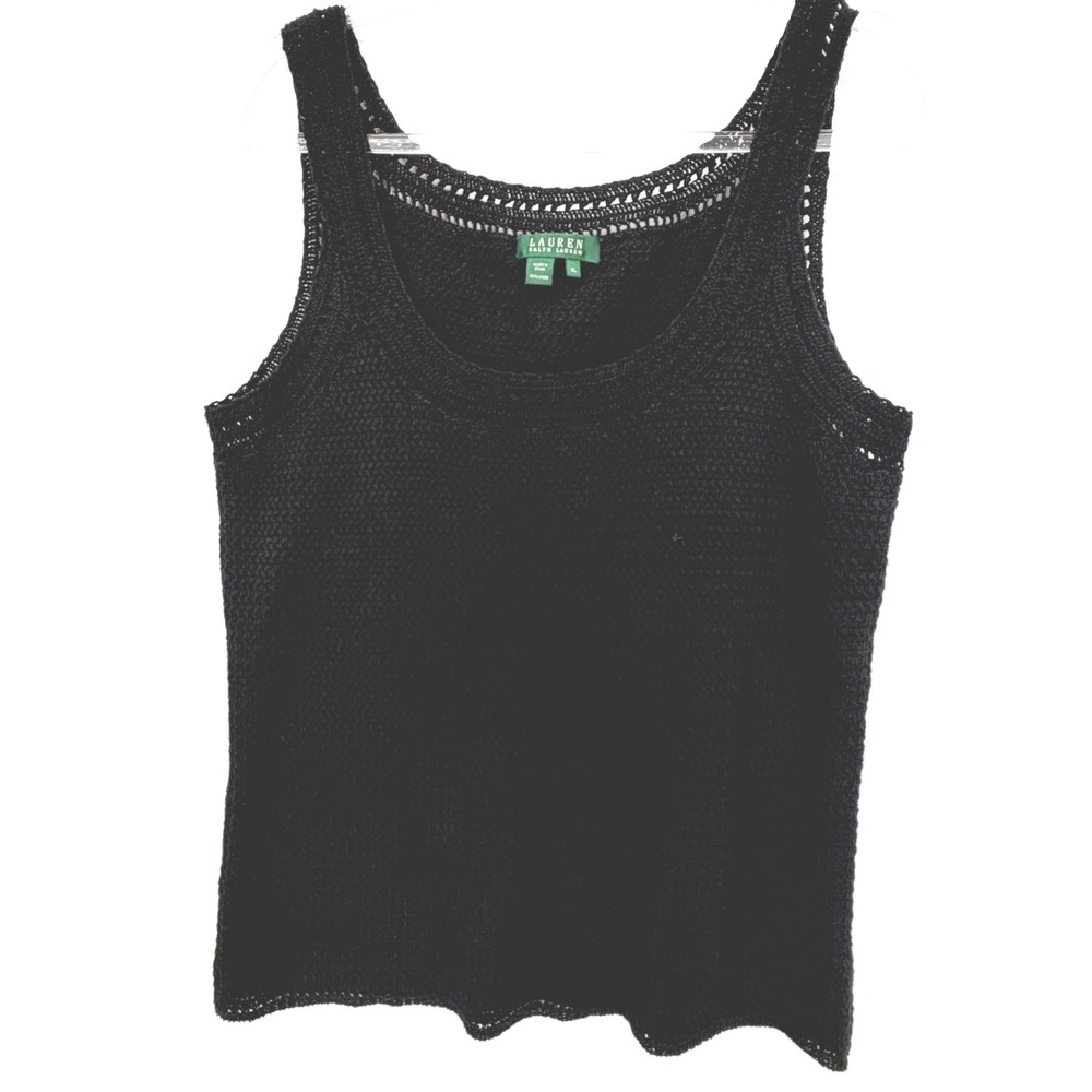 Lauren Ralph Lauren Black Linen Crochet Knit Tank Top Women XL Sleeveless